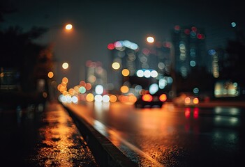 Blurry, bokeh-filled nighttime city street with wet reflections and glowing lights