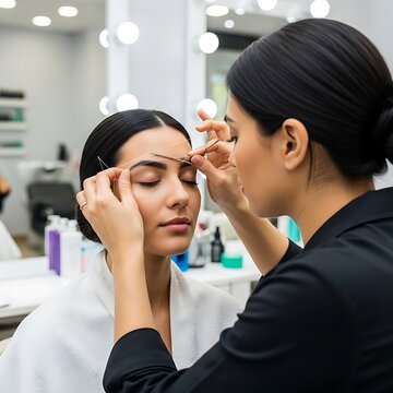 Beautician shapes eyebrows using thread mapping technique in salon.