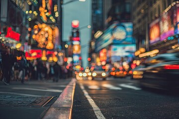 Busy city street at dusk, with blurred lights and moving vehicles