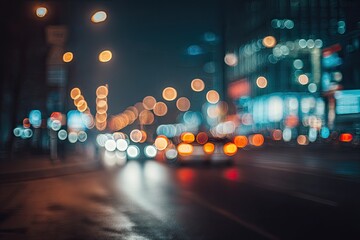 Blurred city street at night with glowing lights and wet pavement