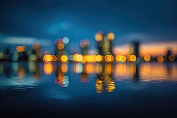 Blurry city lights reflected on water at dusk