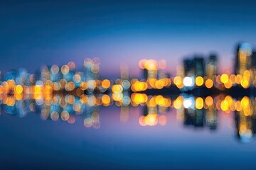 Blurred city lights shimmer and reflect on dark water at twilight