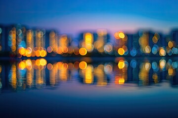 Blurred city lights reflect on water at twilight
