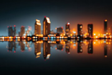 Blurry city skyline at night, with lights reflecting on water