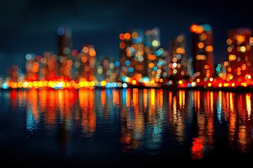 Blurry cityscape at night with vibrant, glowing lights reflected in dark water