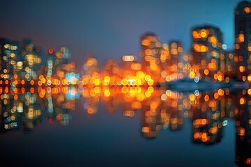 Blurred city skyline at night with reflections on dark water