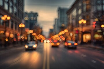 Blurred urban street scene at dusk with glowing lights and passing vehicles