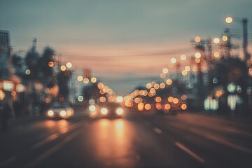 Soft focus twilight road with blurry glowing lights and cars driving
