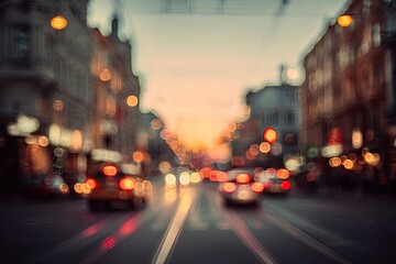 Blurry cityscape with bokeh lights and traffic at dusk