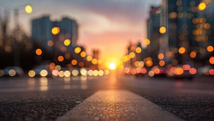 Blurred city street at sunset with glowing lights and car trails