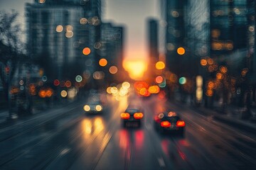 Blurred city street with cars and glowing lights at dusk