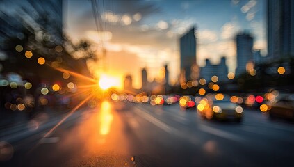Blurred city street at sunset with bright sun flares and car lights