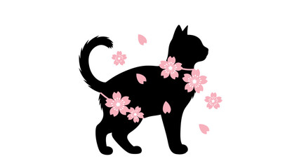 Black cat with pink flowers around. © ahmad