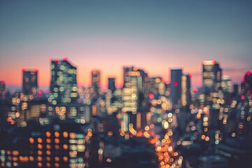 Soft-focus cityscape at dusk, with glowing lights creating bokeh circles
