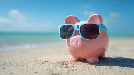 A pink piggy bank wearing blue sunglasses sits on a sandy beach with a clear blue ocean in the background. The scene conveys a sense of fun and relaxation.