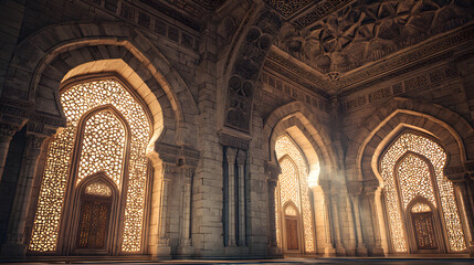 Obraz premium Sunlit mosque interior with ornate archway screens and prayer rug during Ramadan