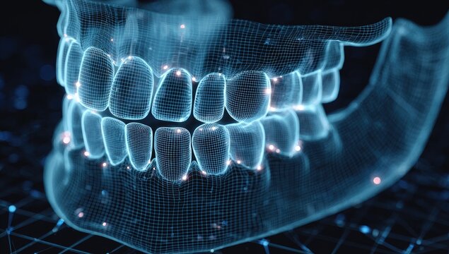 Futuristic digital render of a human jaw and teeth, glowing with energy