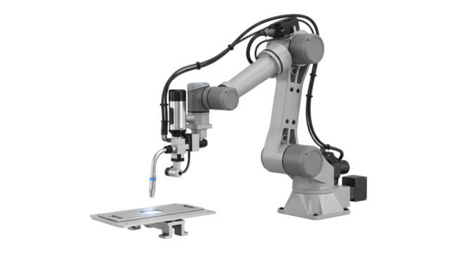 Industrial Robotic Arm Performing Welding in Modern Manufacturing Facility - Powered by Adobe