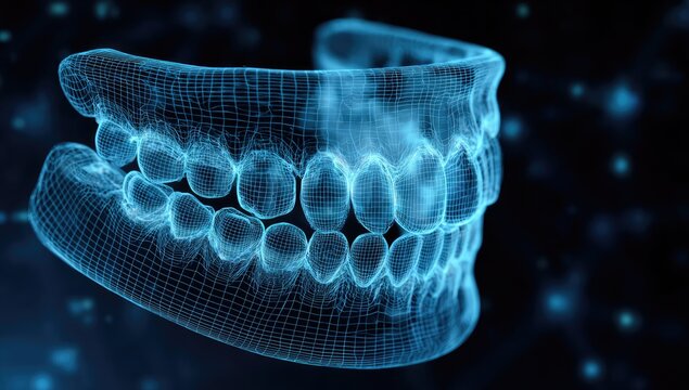Digital wireframe model of human teeth and jawbone, glowing blue