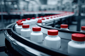 Obraz premium Rows of white pharmaceutical bottles with red caps move along a curving factory conveyor