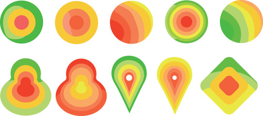 Vector Set of Geographic Heat Map, Geo Heatmap Charts Logos, Circular Gradient Hot Spot, Relative Value or Density of a Measure by Location, Harmonious Heatmap Logos. Heatmapping © Tatsiana Rrr