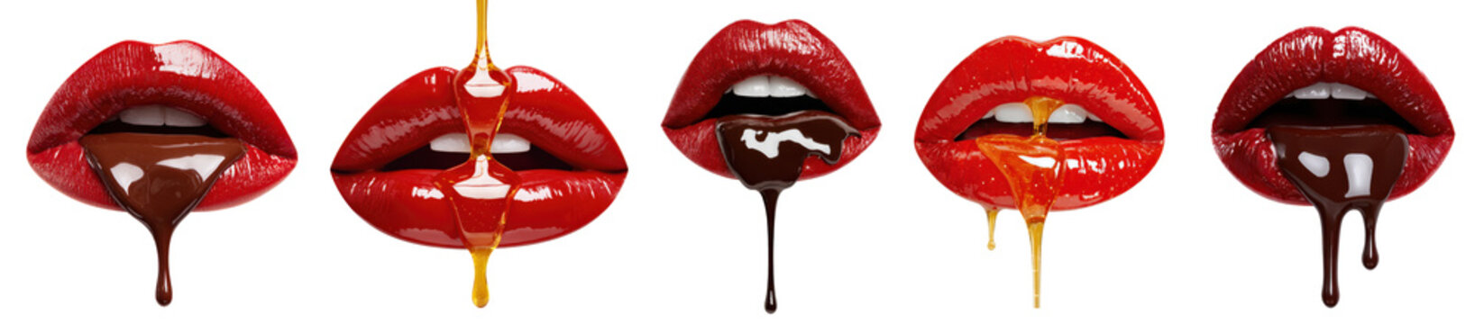 Isolated red glossy lips dripping with chocolate and honey for valentine day cutout design element