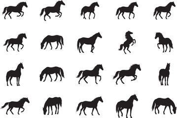 Fototapeta premium Collection of horse silhouettes in various poses and movements on white background