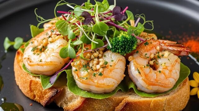 Gourmet shrimp appetizer with fresh greens and herbs on toasted bread