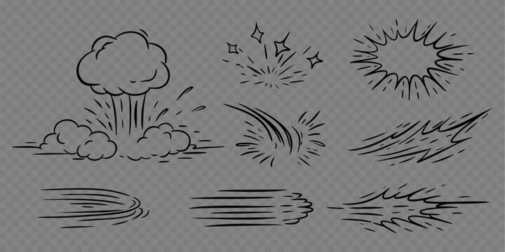 Comic doodle superhero speed and explosion effect icons set