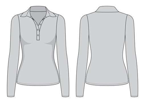 Vector fashion technical drawing of a womens long sleeve polo shirt with front and back view. Slim fit. Semi spread collar. Long, narrow placket. DTM buttons. Knit fabric.