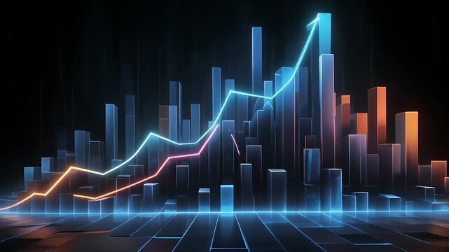 Neon graph market analysis financial chart data visualization glowing bar trend line futuristic grid infinite black floor modern