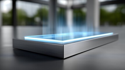 Transparent Screen Business Analytics Display with Holographic Bar Charts and Financial Metrics
