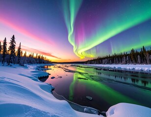 A vibrant aurora borealis dances above a snowy river landscape at dusk, with trees along the banks