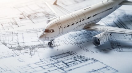 A model airplane rests on architectural blueprints, symbolizing aviation design and engineering.