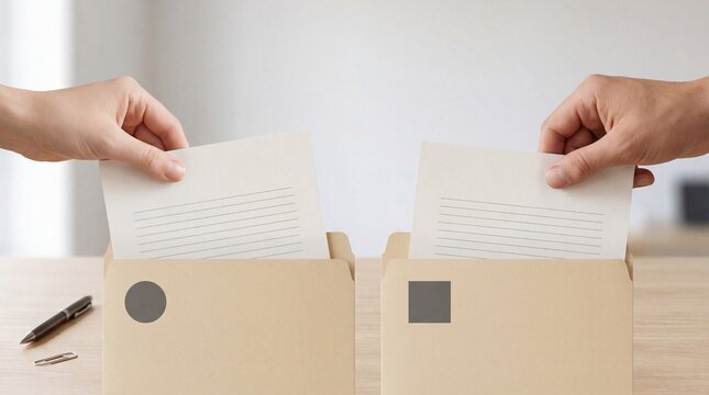 Hands simultaneously insert two nearly identical blank-line resumes into minimalist folders marked with simple shapes on a clean modern desk in soft daylight.