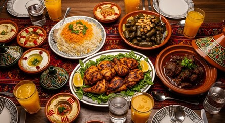 Abundant middle eastern feast with diverse dishes and drinks © SABIRA