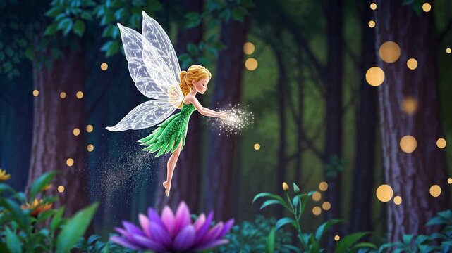 A whimsical video scene of a fairy in a forest, captured from a side angle. She sprinkles magic dust, surrounded by glowing lights and vibrant flora.