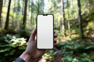 Hand holding a smartphone with a blank screen in a lush, green forest