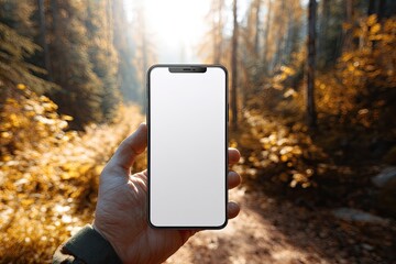 Hand holds a smartphone with a blank screen in a sunlit autumn forest
