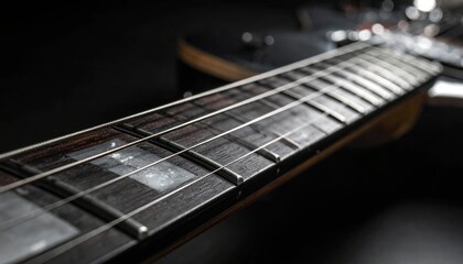 Fototapeta premium Close-up view of a moody electric guitar neck with detailed metal frets and strings