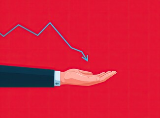 Hand catching downward trend graph on red background
