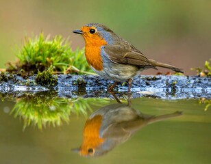 Fototapeta premium A vibrant bird with an orange chest stands near a pool of water, reflecting its form. Lush greenery accents the scene