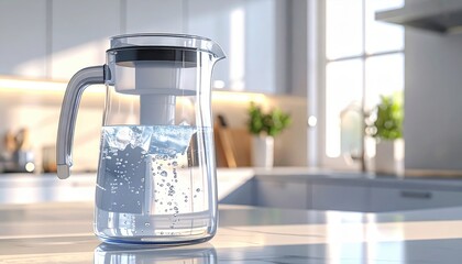 Crystal clear filtered water pitcher with ice cubes sitting on a modern kitchen countertop bathed in soft ambient sunlight