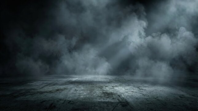Dark misty background with dramatic fog and spotlight rays on cracked concrete floor,perfect for cinematic,abstract or mysterious scene design