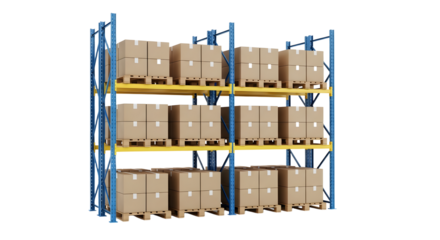 Industrial Warehouse Metal Shelving Unit Filled with Packed Cardboard Boxes in Storage Facility