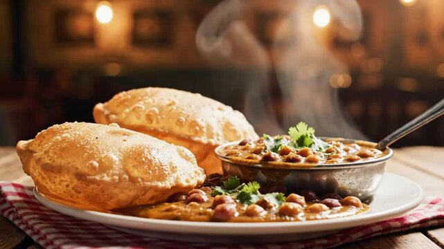 Delicious and Traditional Indian Chole Bhature Dish with Fluffy Fried Bread and Chickpea Curry for a Hearty Meal