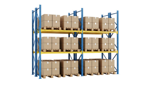 Industrial Warehouse Metal Shelving Unit Filled with Packed Cardboard Boxes in Storage Facility