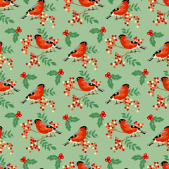 Cute red birds with rowan berry branch and leaves seamless pattern design on pastel green background. Perfect for wallpaper, seasonal decor, textiles. Vector illustration 