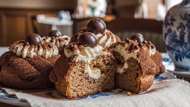 Traditional rum baba cakes with whipped cream and chocolate on blue plate. Soft natural afternoon light, cozy vintage atmosphere.