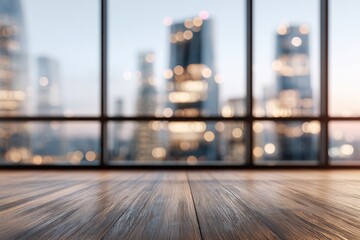 Softly lit wooden floor in foreground, city skyscrapers at dusk through large window